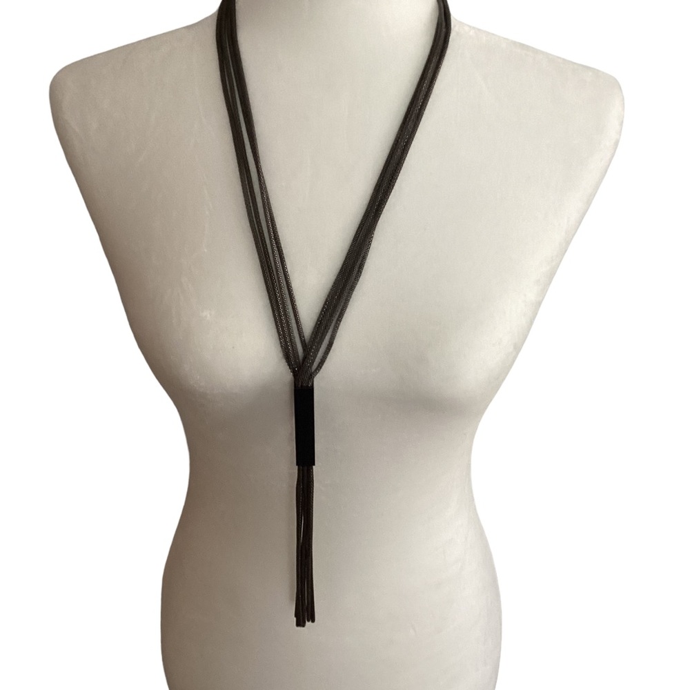 Lariat style pewter mesh chained necklace.